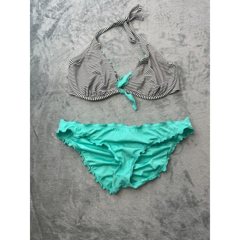 Victorias Secret Bikini Set 36DD Top Large Bottom Teal Black White Striped